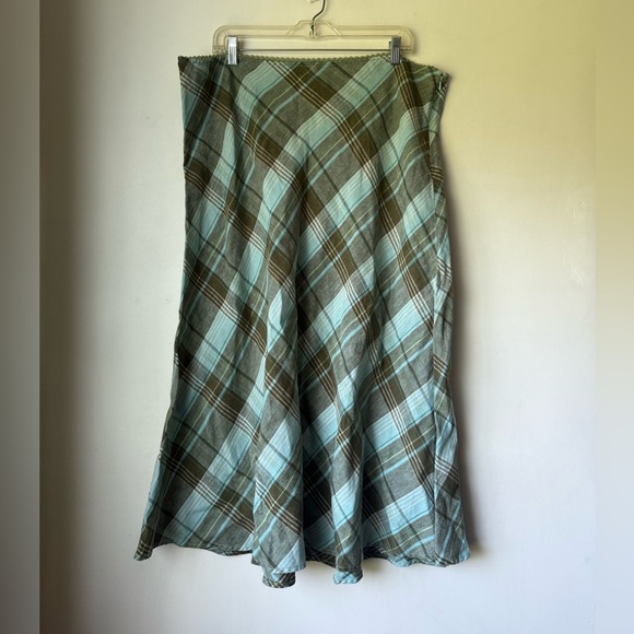 Eddie Bauer Dresses & Skirts - Eddie Bauer Blue & Brown Plaid A-Line 100% Linen Midi Skirt XL